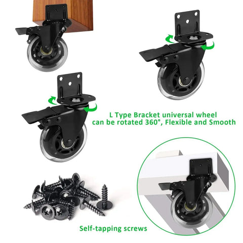 Set Of Four 3 Inch L Shaped Bracket Swivel Casters With Brakes For Cots Flower Stands Desks And Other Furniture Silent Polyurethane Wheels Heavy Duty 600 Pound Loading Capacity Ideal For Home Office And Workshop Use shown with self-tapping screws.