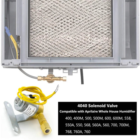 4040 brass solenoid valve for humidifier with yellow wire and mounting bracket.