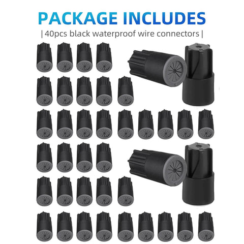 40-piece waterproof wire connector kit, black with grey ends, 22-14 AWG for outdoor wet-location wiring