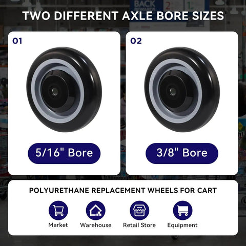 5 Inch Shopping Cart Wheels Replacement Set With Five Sixteenth Inch Axle Polyurethane Casters 1400 Lbs Total Capacity