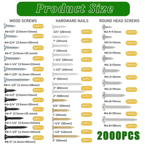 DIYers Dream All In One Hardware Kit With 2000 High Hardness Carbon Steel Wood Screws And Round Head Sheet Metal Screws Phillips And Flat Drive Galvanized For Woodworking Picture Hanging Includes Common Nails In Sturdy Storage Box size chart