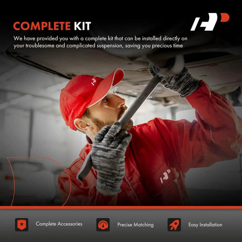 A-Premium 4-piece front suspension kit being installed by a mechanic under a car