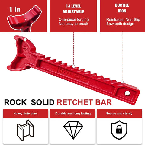 Rock solid ratchet bar from 6 Ton Heavy Duty Jack Stands With Double Pin Lock, featuring ductile iron and non-slip design.
