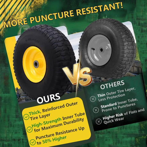 Comparison of pneumatic front tire and wheel assemblies, highlighting thicker layers and improved puncture resistance for riding lawn mowers.
