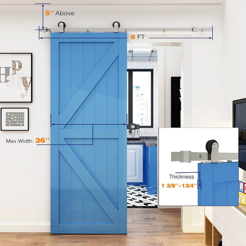 6 Ft Beefy Brushed Nickel Sliding Barn Door Hardware Kit With Quiet Hanger Rollers And Flat Track, installed view on blue door