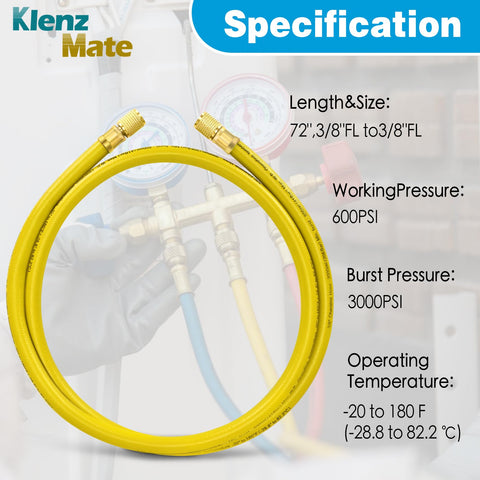 Klenz Mate yellow HVAC vacuum hose, 72 in, 3/8 in flare fittings, front view