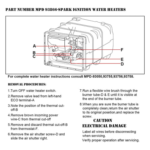 Enhon 10-piece water heater thermal cut-off kit diagram for RV Atwood heater with internal components labeled A–F.