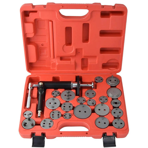 Front view of a pneumatic brake caliper tool kit in an orange case, with round metal dies and pistol-grip air tool.