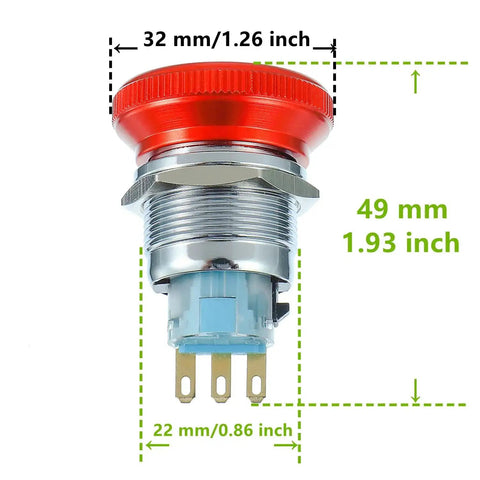 Emergency Stop Button Switch 22mm Mount With 12 To 220V 3A 1NO 1NC 1C SPDT Self Locking Latch Stainless Steel 32mm Mushroom Head
