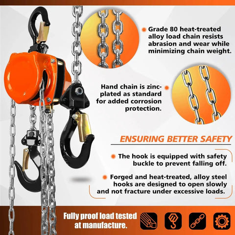 Half Ton Portable Hand Chain Hoist 1100 Lbs Lift Up To 10 Feet Durable Steel with safety features and alloy steel hooks