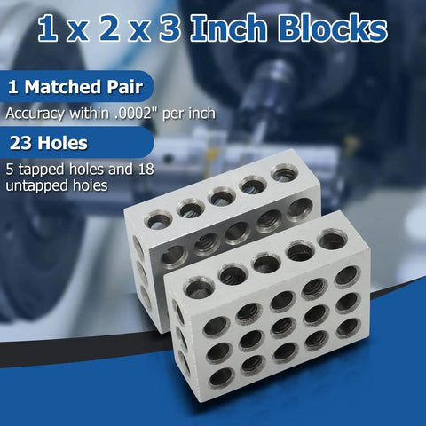 Machinist Grade 1 2 3 Block Set With Matched Pair 1 by 2 by 3 Inches, 23 Holes Including Five Tapped Three Eighths Inch and Eighteen Untapped.