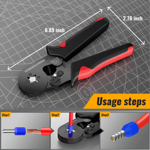 Pro Grade No-Fuss Self-Adjusting Wire Ferrule Crimp Tool Kit with 1800 Pcs Ferrule Terminals shown with usage steps.