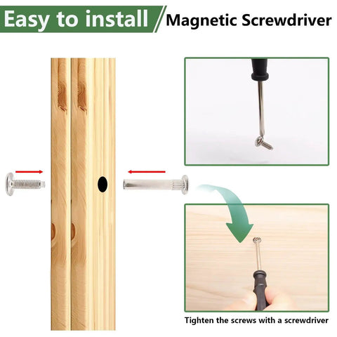 130 Piece M4 Furniture Connector Bolts And Cap Nuts Kit installation with magnetic screwdriver on wood panels.