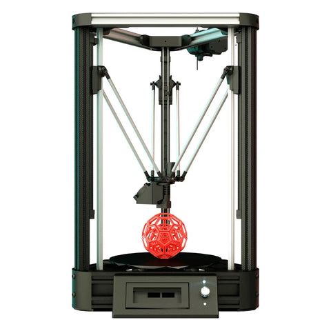 Delta 3D printer with a red geometric object on the build platform, enclosed in a protective frame.