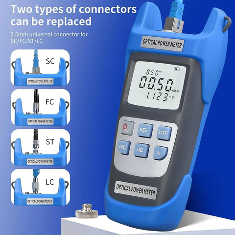 Blue handheld optical power meter tester A-C710A with interchangeable SC/FC/ST/LC adapters and FC-LC adapter