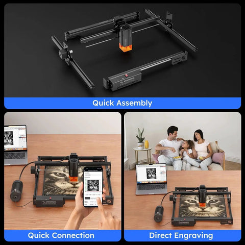 20W Laser Engraver A20 Pro V2 From Atomstack For Precise Wood Metal Acrylic Leather Engraving And Personalization, shown in use and assembly.
