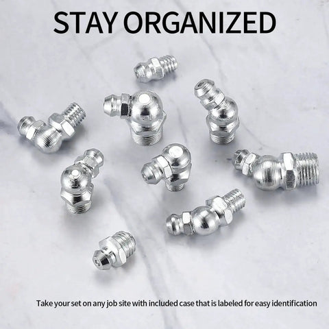 Pro Grade 140 Piece Grease Fittings Kit Featuring 1/4 Inch And 1/8 Inch Zerk Fittings Plus M6 And M8 Sizes in various angles