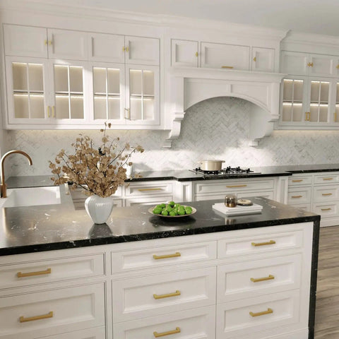 Modern kitchen with white cabinets featuring 5 Inch Brushed Brass Cabinet Pulls 30 Pack Square Cabinet Hardware Handles For Cupboards And Doors In Modern Stainless Steel Construction With Fingerprint Resistant Finish Long Lasting Finish For Everyday Home Use.