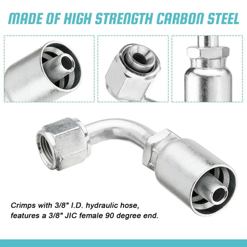 Close-up of 10 Piece 90 Degree Hydraulic Hose Fittings For Three Eighths Inch Hose To Three Eighths Inch JIC 37 Degree Female End