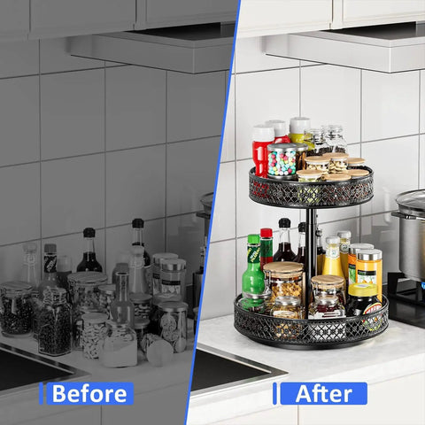 Before and after kitchen counter with installed Two Tier Lazy Susan Organizer Turntable Spice Rack 12 Inch Adjustable Metal