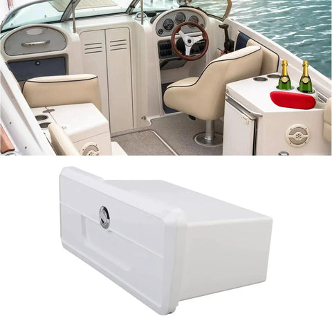 White plastic lockable glove box storage compartment for pontoon boat with cup holder design.