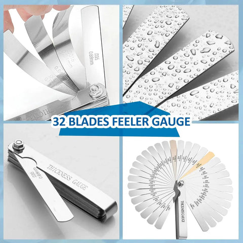 Feeler Gauge Set Stainless Steel 32 Blades Dual Marked Metric And Imperial 0.04 To 0.88 Mm 0.0015 To 0.035 Inch Thickness Gauges For Valve Clearances And Gap Widths And Engine Tolerances Pro Grade Automotive And Machinery Measuring Tool Kit displayed in various angles.
