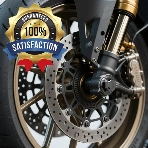 Motorcycle front wheel with brake disc and "Guaranteed 100% Satisfaction" badge overlay