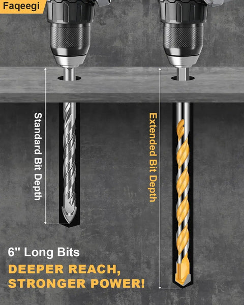 Beefed Up Heavy Duty Masonry Drill Bit Set With Six Inch Bits And YG10X Carbide Tips in a power drill demonstrating depth.