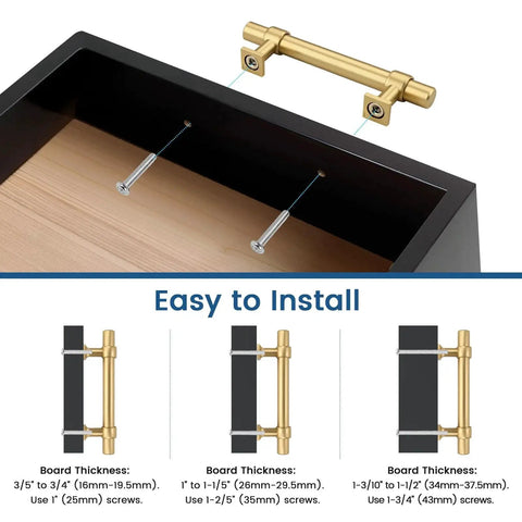 10 Pack 3 Inch Cabinet Pulls In Champagne Gold For Kitchen showing installation on black drawer, easy to install guide with board thickness options.
