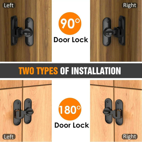 Compact 90 180 Degree Sliding Door Latch, showing two installation types, left and right options, black zinc alloy, for secure doors.