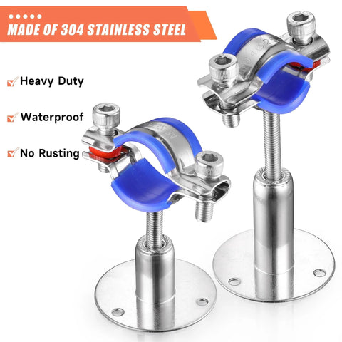 Heavy Duty 6 Pack 304 Stainless Steel Wall And Ceiling Pipe Mounts For 38 To 40mm OD Pipes, Adjustable Height From 30 To 50mm