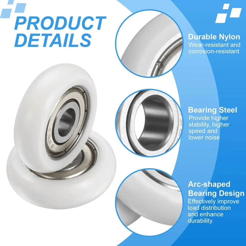 Heavy Duty Built To Last Nylon Ball Bearing Guide Pulleys Set By PATIKIL 8x28x13mm Wheel Pulleys with details on materials and design.