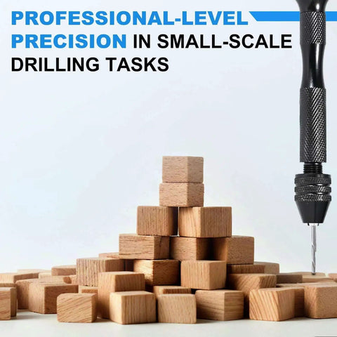 26 Piece Micro Drill Bit Set With Pin Vise Hand Drill shown drilling wood blocks for delicate crafting projects