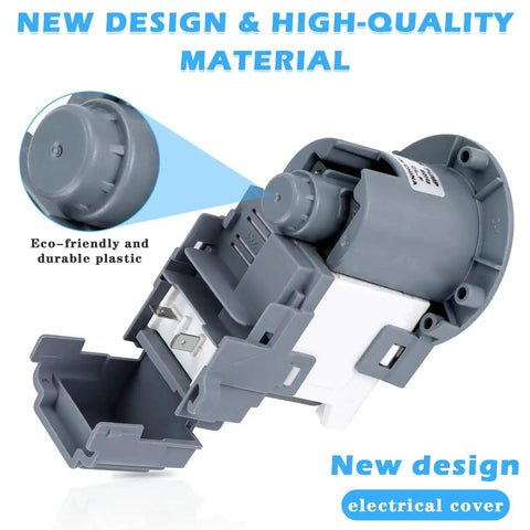 Washer drain pump side view for Samsung WA4-WF5 series, gray plastic motor housing DC31-00054D/DC31-00187A