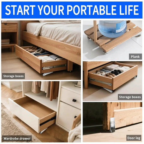 Low Profile 0.9 Inch Caster Wheels Set Of 4 with Long Brackets under furniture showcasing storage solutions like drawers and planks.