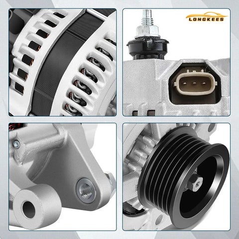Close-up of Beefy 12V 130A High Output Alternator Replacement For Nissan Murano 2009 To 2014 Quest 2011 To 2017 Altima Maxima Saturn Aura 2.4L 3.5L 3.6L OE 23100JA11B AMT0228 11557N Drop In Ready, Reliable Power, No Fuss Install, Great Everyday Driving Charge showing different components including pulley, connector, and mounting bracket.