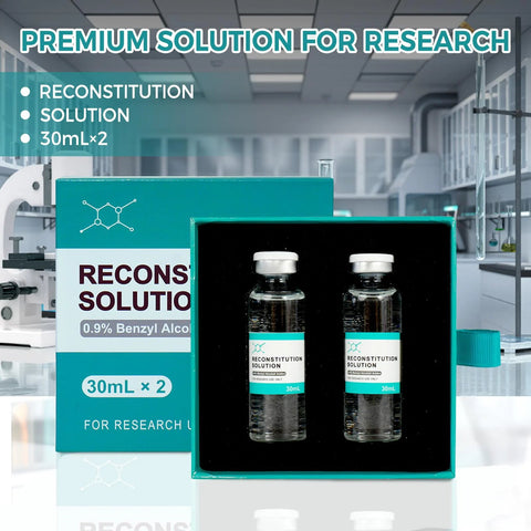 Reconstitution solution: two 30mL glass vials in a teal presentation box; packaging shows 0.9% benzyl alcohol.