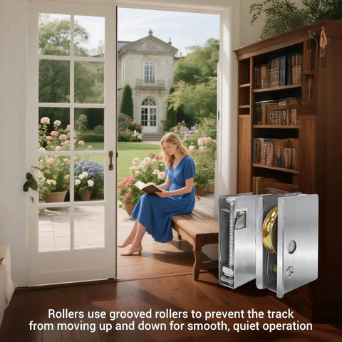 Patio Sliding Door Roller 1-1/2 Inch Steel Ball Bearing Replacement Kit For Most Sliding Doors Premium Stainless Steel Corrosion-Resistant Rollers With Adjustable Height High-Strength Wheels 2-Pack For Smooth Quiet Operation near open patio door with woman reading.