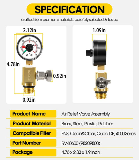 Air relief valve assembly with pressure gauge, brass body, front and side views for pool/spa filter RV40600.