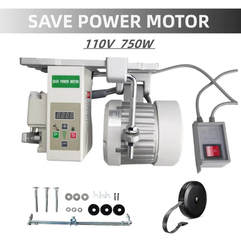Industrial Brushless Sewing Machine Motor 110V 750W 1HP with pure copper coils and accessories, energy-saving for heavy-duty sewing.