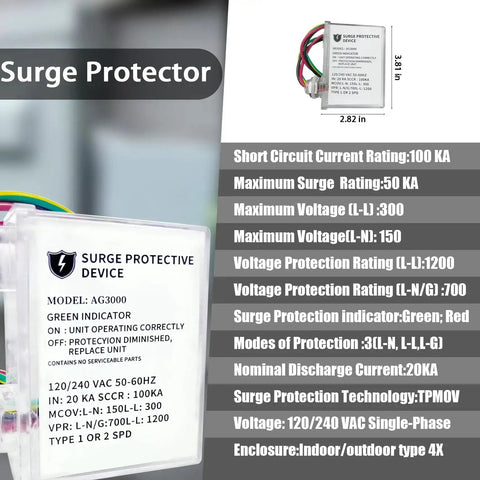 Whole House HVAC Surge Protector With TPMOV Tech, shown with dimensions, in watertight enclosure for lightning protection.