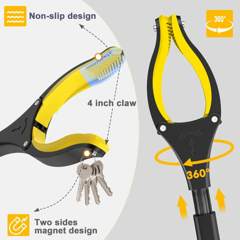 Extra Long 44 Inch Grabber Reacher Tool For Seniors with 360 Degree Rotating Anti Slip Jaw and Magnetic Tips close-up.