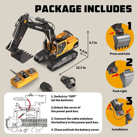 3 In 1 Remote Control Excavator Toy With Interchangeable Bucket Claw And Drill, 680 Degree Rotating RC Construction Vehicle With Lights And Music shown with remote and attachments