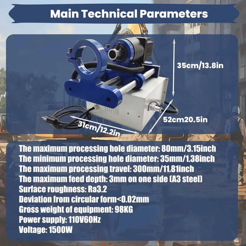 Portable Hole Drilling And Line Boring Tool For Excavators And Loaders Heavy Duty 55 To 200 Mm Boring Diameter With 5.24 Ft Connecting Bar 110V 1500W Power 300 Mm Travel For Industrial Construction BREVELTION displayed with dimensions and specifications