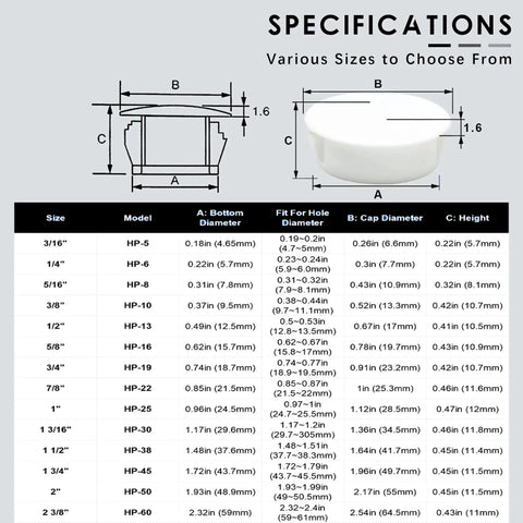 Specifications chart for White 50 Mm Round Hole Plugs Set Of 6 For Flush Snap In Covers And Screw Hole Caps with diagram and sizes