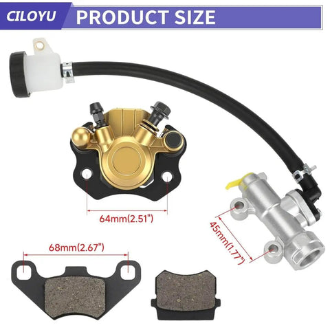 Go Kart Brake Master Cylinder Caliper Bolt On Kit With 69 Inch Hydraulic Hose For Coleman KT196 GK200 196cc 6.5HP Replacement Parts Includes Bleed Air Instructions Powersports Caliper Assembly with dimensions shown