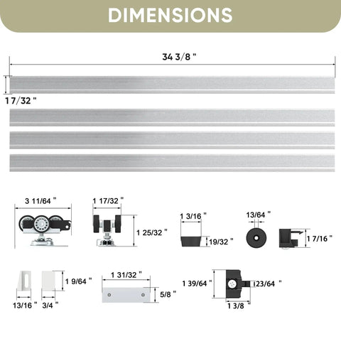 Concealed Sliding Pocket Door Track Kit dimensions with 12 foot dual rail system components and 68.7 inch spliced rails.