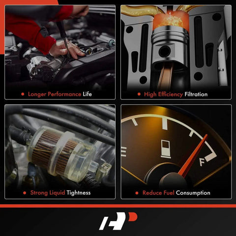 Collage showing engine repair, efficient fuel filtration, tight fuel lines, and fuel gauge for Rear Right Fuel Filter Assembly That Fits Dodge Charger Challenger Magnum And Chrysler 300 2005 Through 2015 With 3.5L 3.6L 5.7L 6.1L 6.4L Engines Replace 05136023AC 05136023AD.