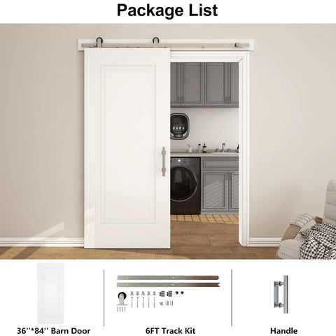 36x84 Sliding Barn Door Kit, 1 Panel White Primed Interior Closet Door With Satin Nickel 6ft Hardware, shown in laundry room