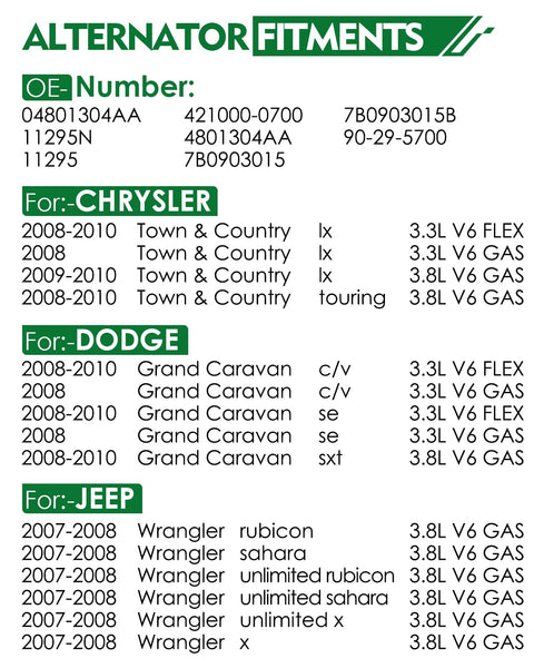 Compatibility chart for Beefed Up 160 Amp Alternator For Jeep Wrangler 2007 2008 3.8L V6 And Chrysler Town And Country 2008 2009 2010 3.3L 3.8L And Dodge Grand Caravan 2008 2009 2010 With Six Grooves OE 04801304AA